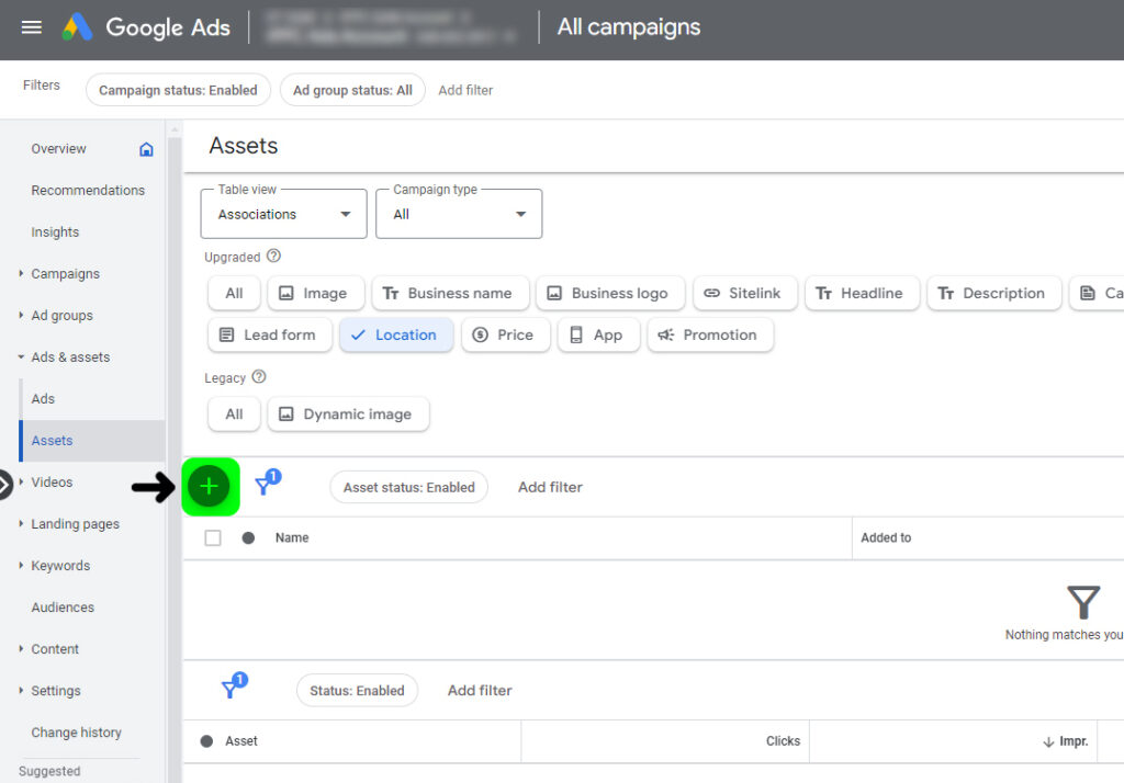 To create new location extension go to the Ads & assets in your Google ads account
