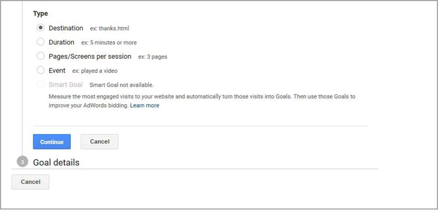 Available goal for how to set up Google Analytics
