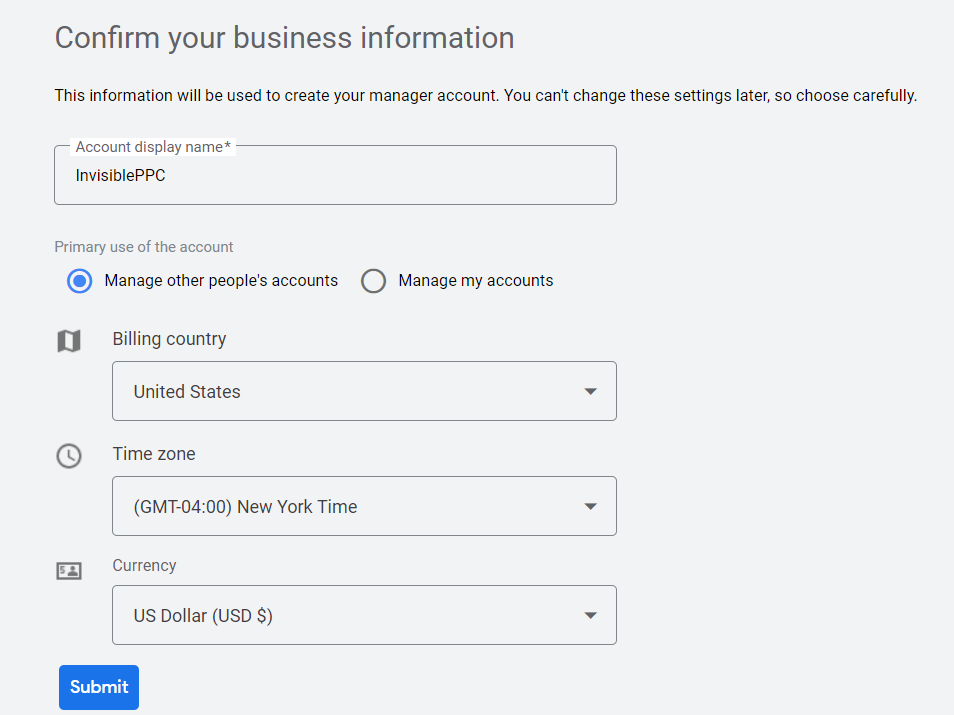 Confirm your Business Information
